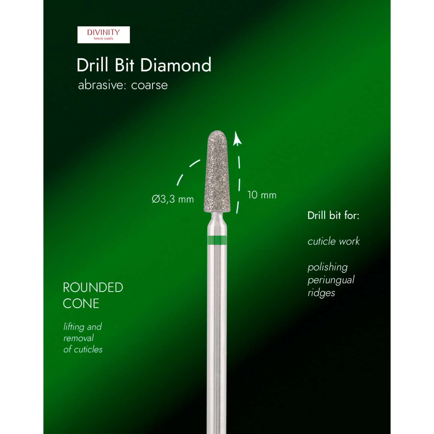 Diamond bit "rounded cone" green, L-10,0 mm., Ø3,3 mm.