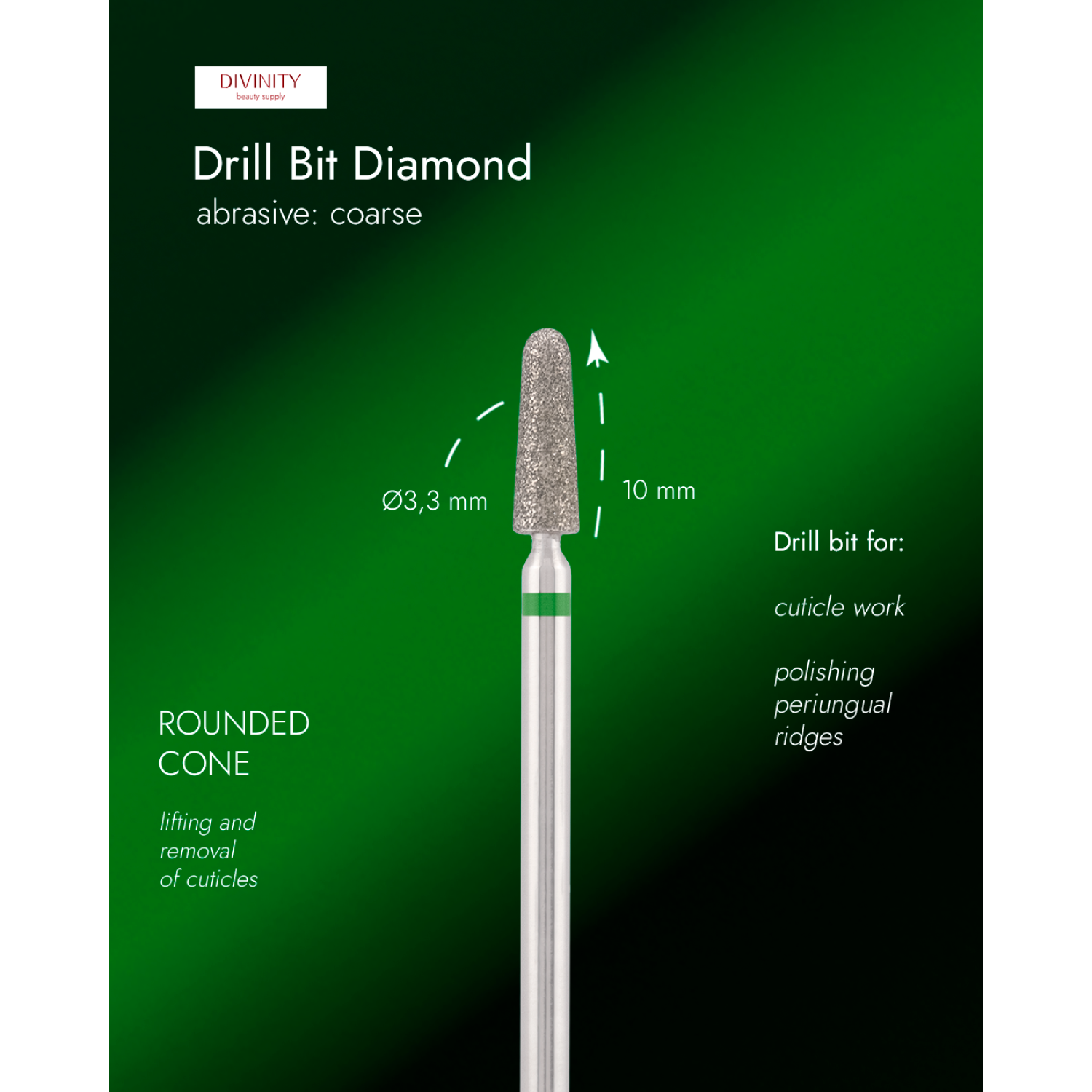 Diamond bit "rounded cone" green, L-10,0 mm., Ø3,3 mm.