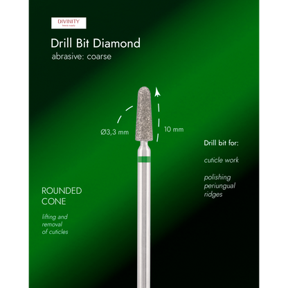 Diamond bit "rounded cone" green, L-10,0 mm., Ø3,3 mm.