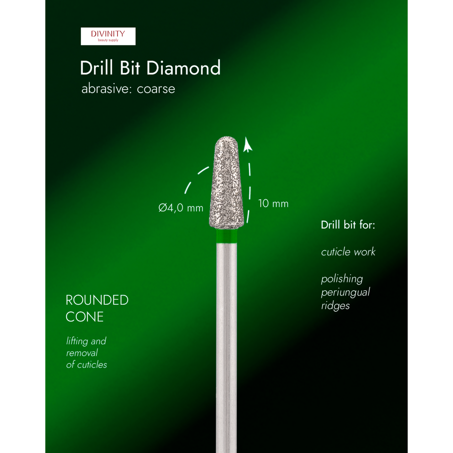 Diamond bit "rounded cone" green, L-10,0 mm., Ø4,0 mm.