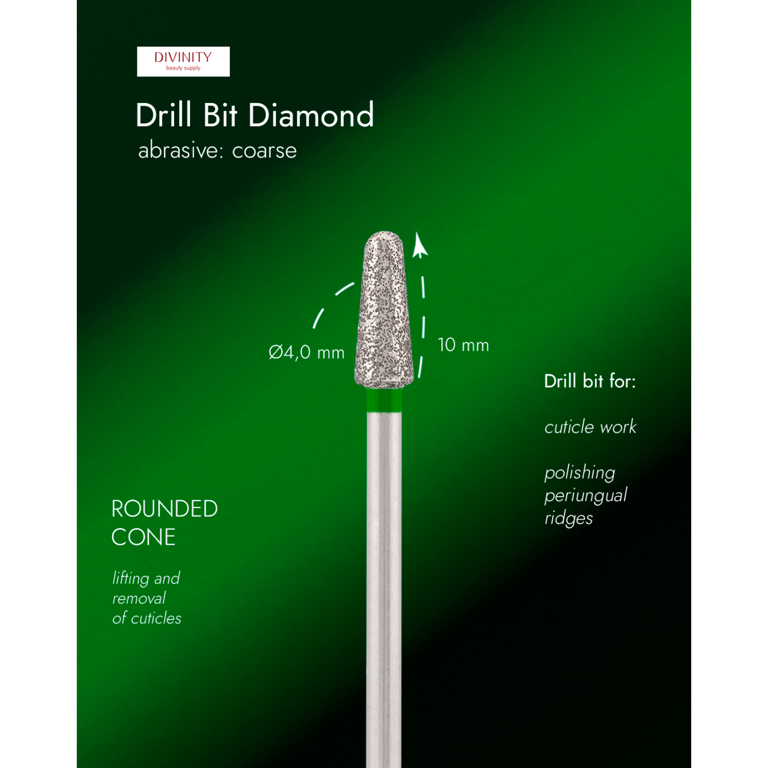 Diamond bit "rounded cone" green, L-10,0 mm., Ø4,0 mm.