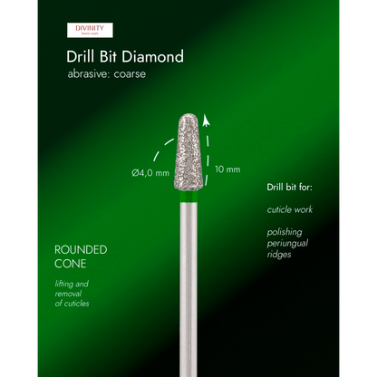 Diamond bit "rounded cone" green, L-10,0 mm., Ø4,0 mm.