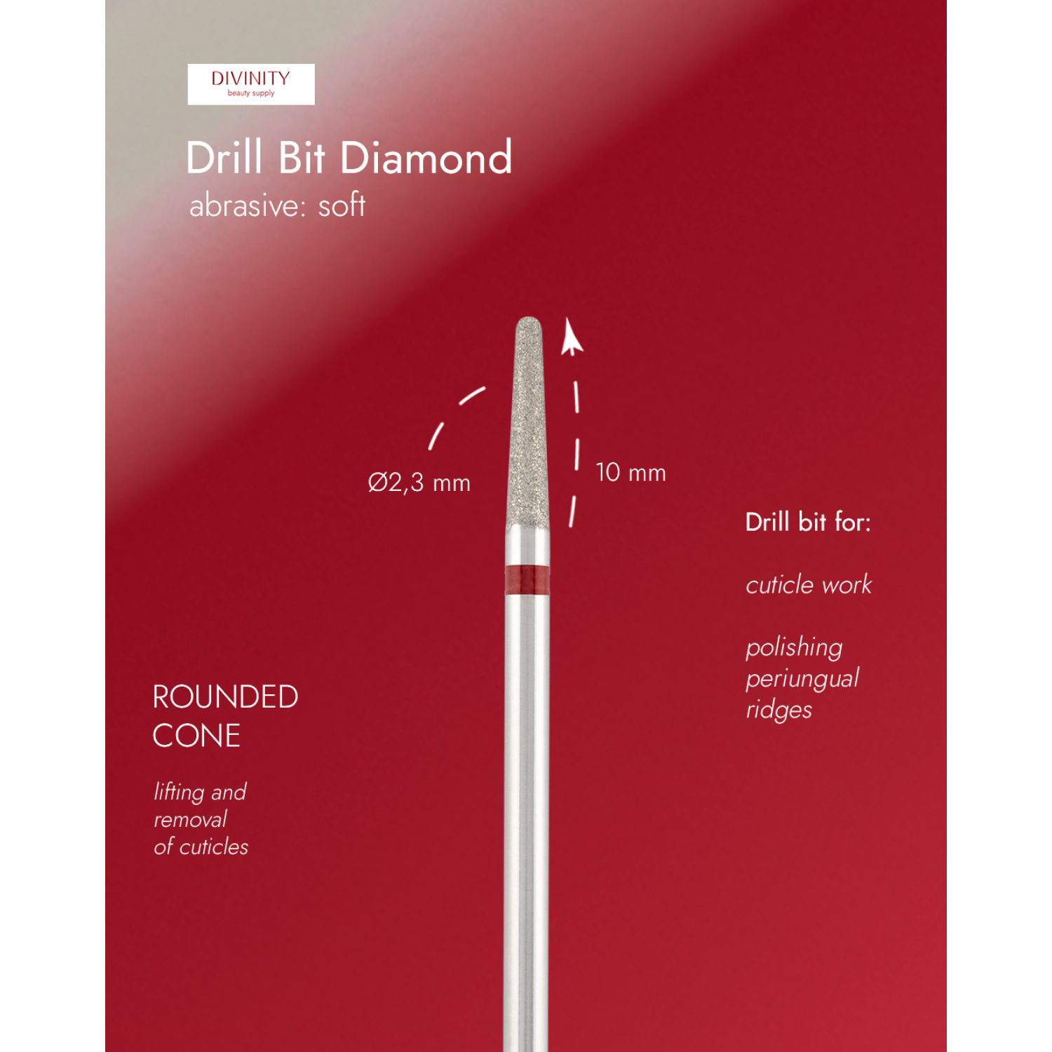 Diamond bit "rounded cone" red, L-10,0 mm., Ø2,3 mm.