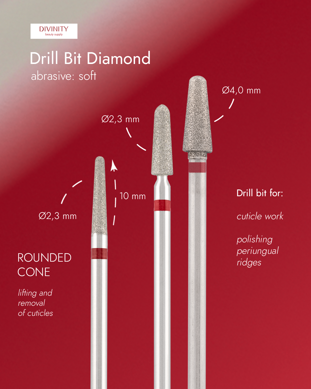 Particolare di Diamond bit "rounded cone" red, L-10,0 mm., Ø2,3 mm.