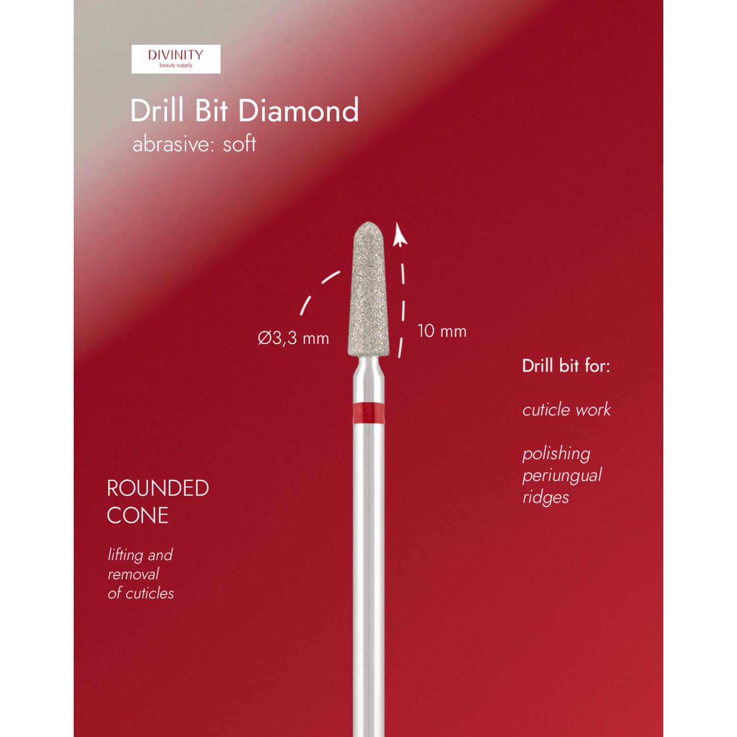 Diamond bit "rounded cone" red, L-10,0 mm., Ø3,3 mm.