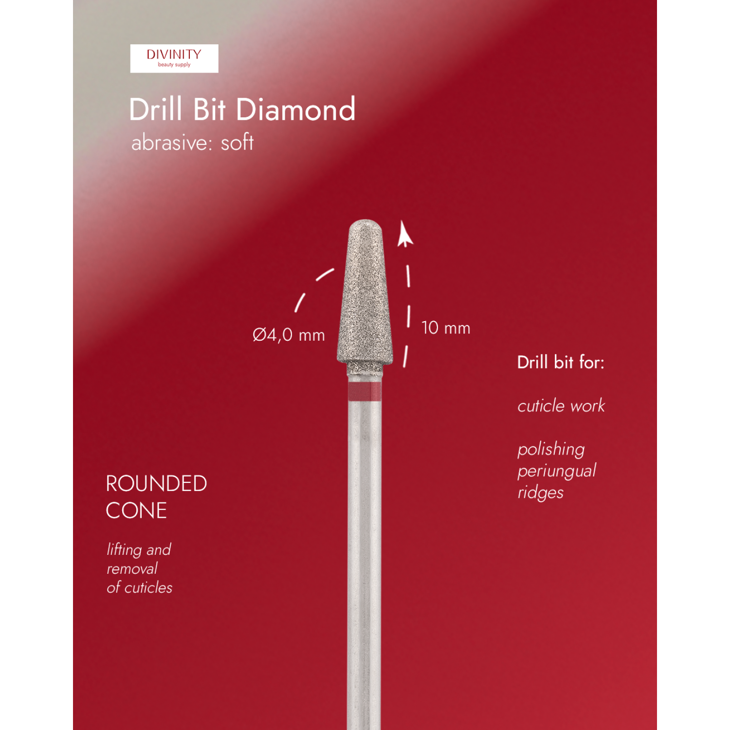 Diamond bit "rounded cone" red, L-10,0 mm., Ø4,0 mm.
