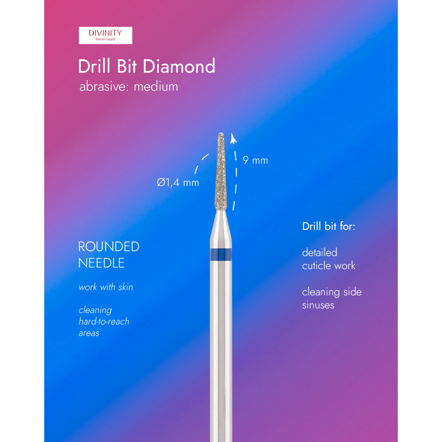 Diamond bit "rounded needle" blue, L-9,0 mm., Ø1,4 mm.