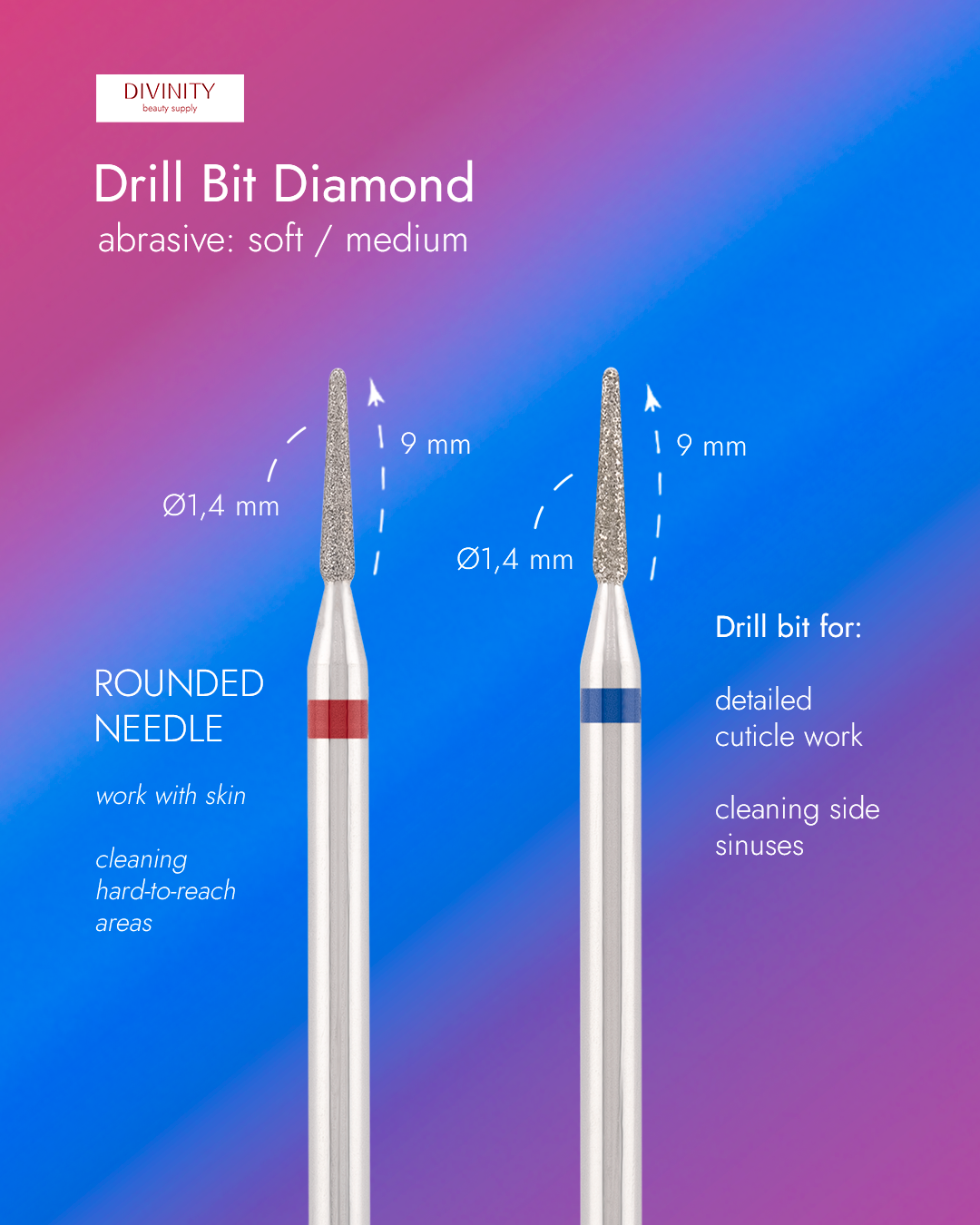 Particolare di Diamond bit "rounded needle" blue, L-9,0 mm., Ø1,4 mm.