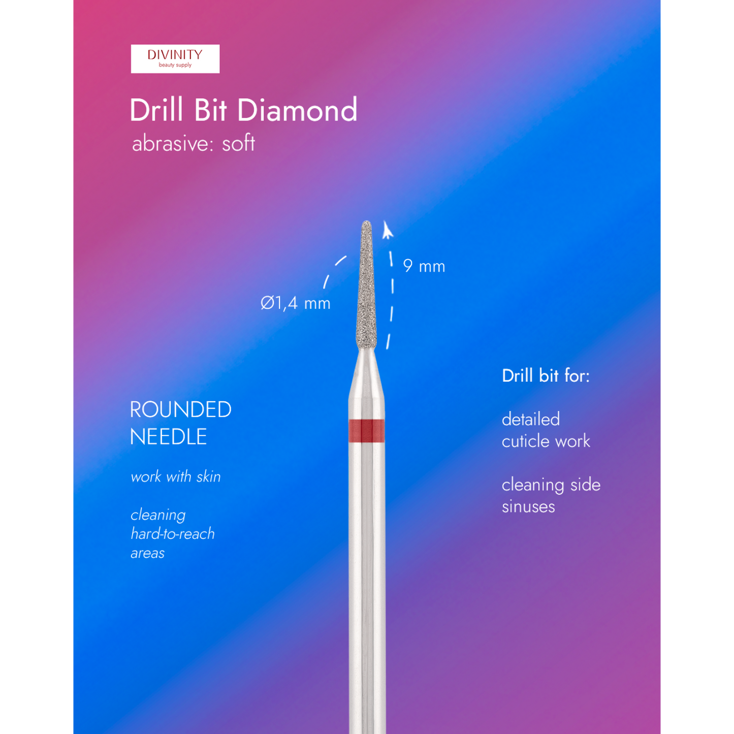 Diamond bit "rounded needle" red, L-9,0 mm., Ø1,4 mm.