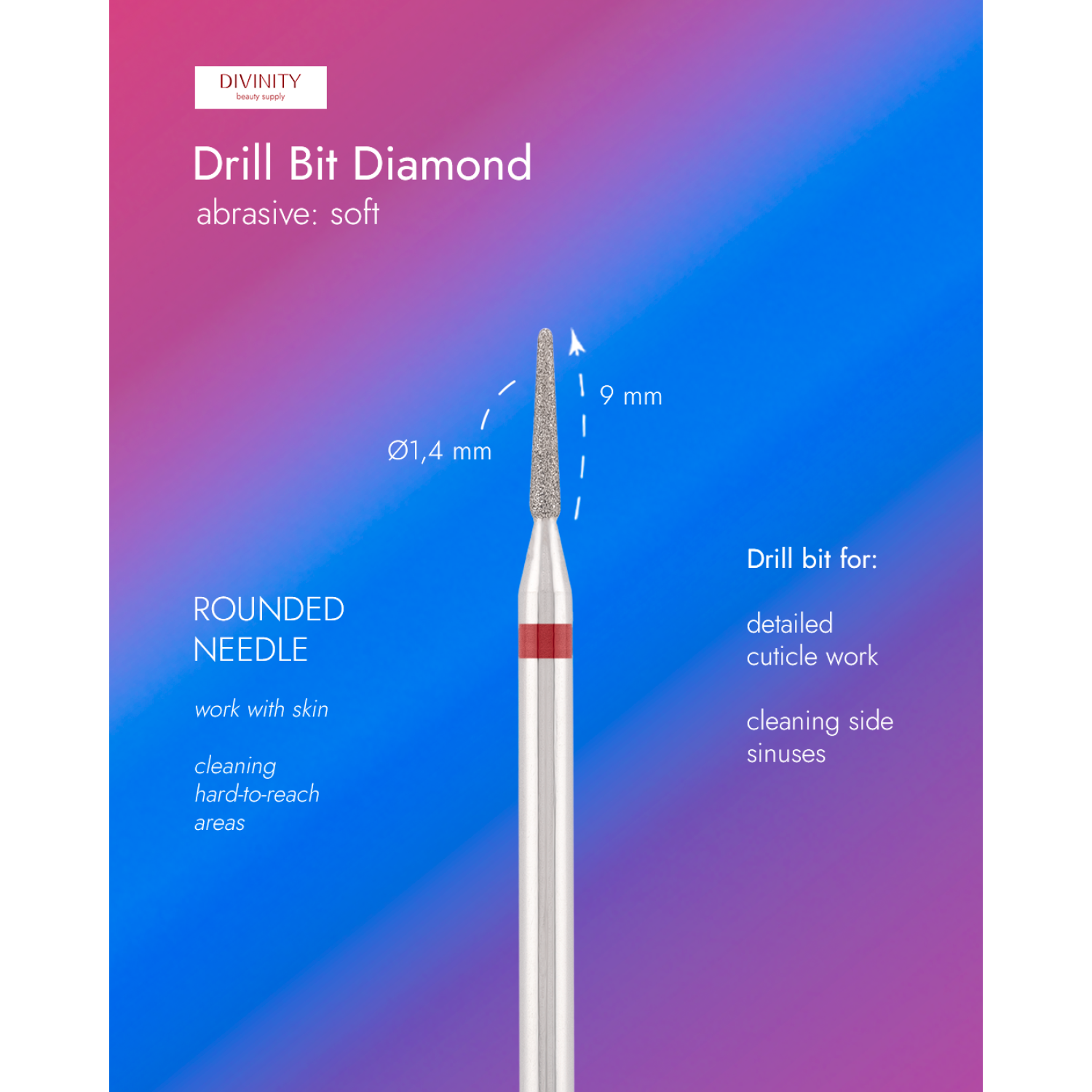 Diamond bit "rounded needle" red, L-9,0 mm., Ø1,4 mm.