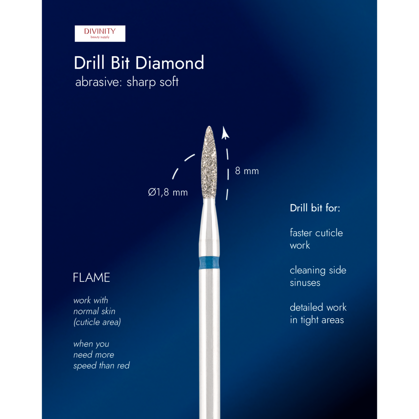 Diamond bit "flame" sharp blue, L- 8,0 mm., Ø1,8 mm.