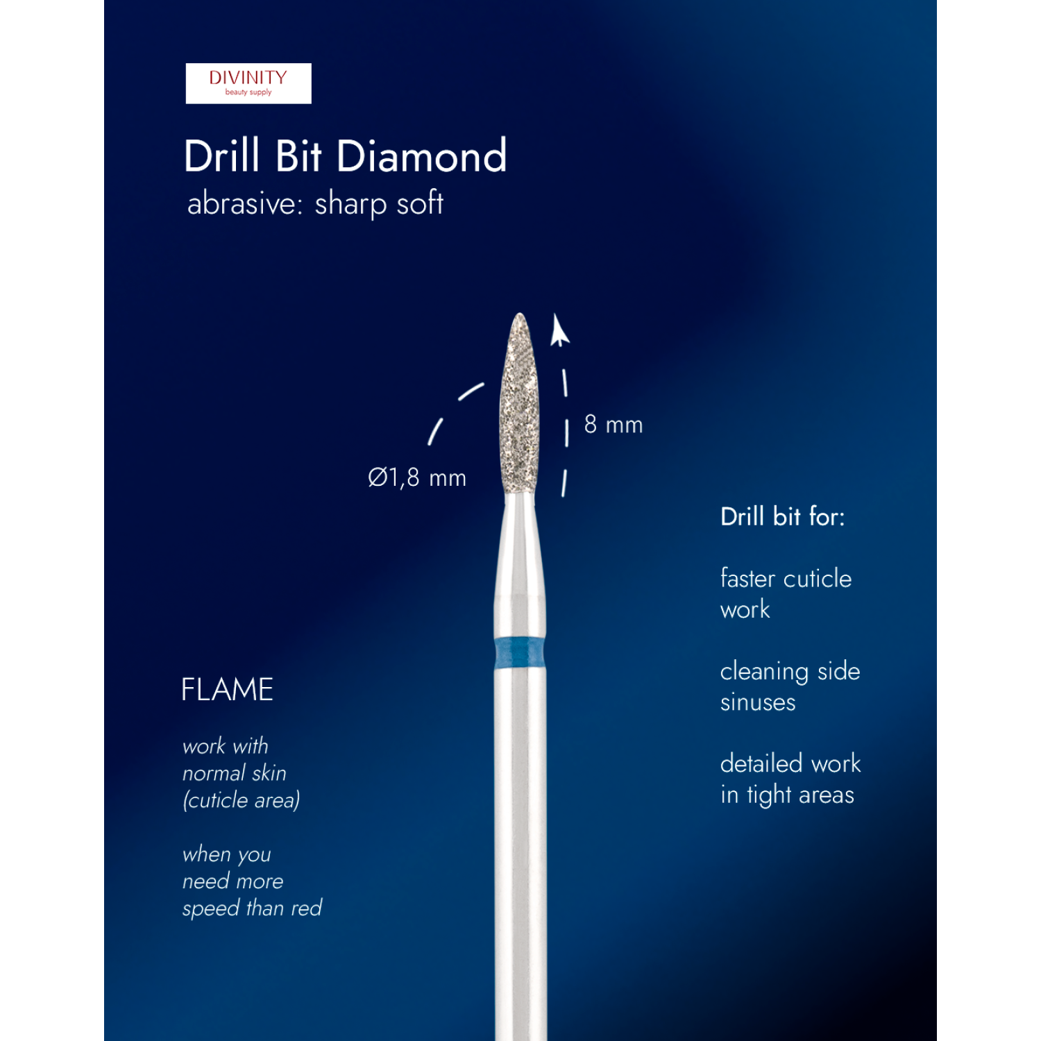 Diamond bit "flame" sharp blue, L- 8,0 mm., Ø1,8 mm.