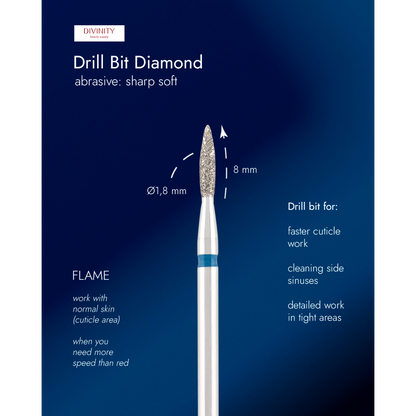 Diamond bit "flame" sharp blue, L- 8,0 mm., Ø1,8 mm.