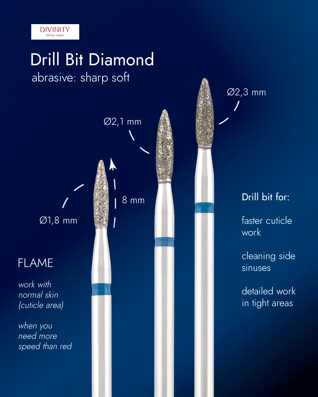Particolare di Diamond bit "flame" sharp blue, L- 8,0 mm., Ø1,8 mm.
