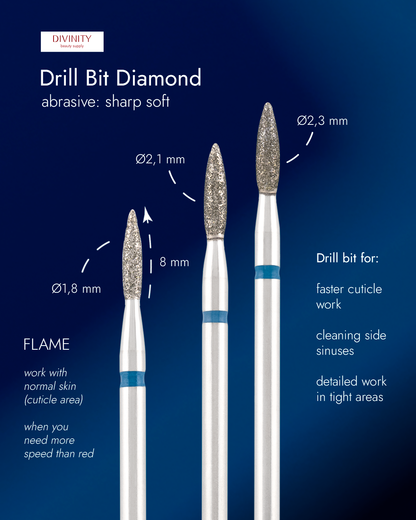 Particolare di Diamond bit "flame" sharp blue, L- 8,0 mm., Ø1,8 mm.