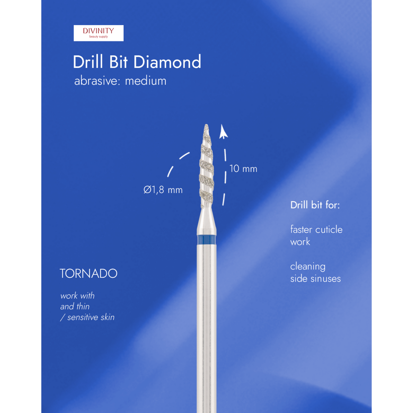 Diamond bit "tornado" blue, L- 10,0 mm., Ø1,8 mm.