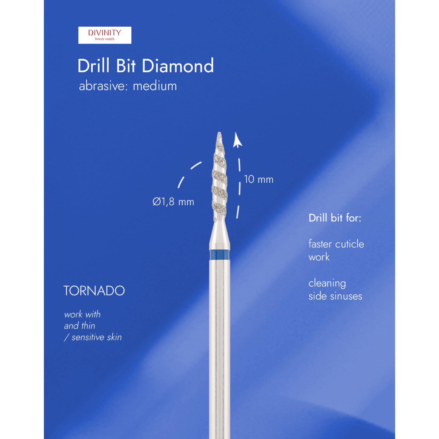 Diamond bit "tornado" blue, L- 10,0 mm., Ø1,8 mm.