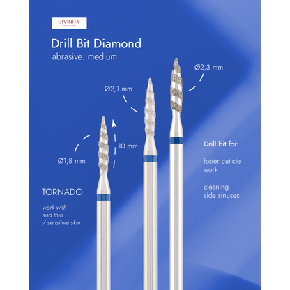 Particolare di Diamond bit "tornado" blue, L- 10,0 mm., Ø2,1 mm.