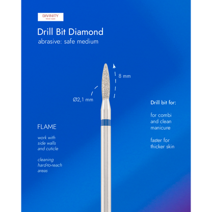 Diamond bit "flame" safe blue, L- 8,0 mm., Ø2,1 mm.