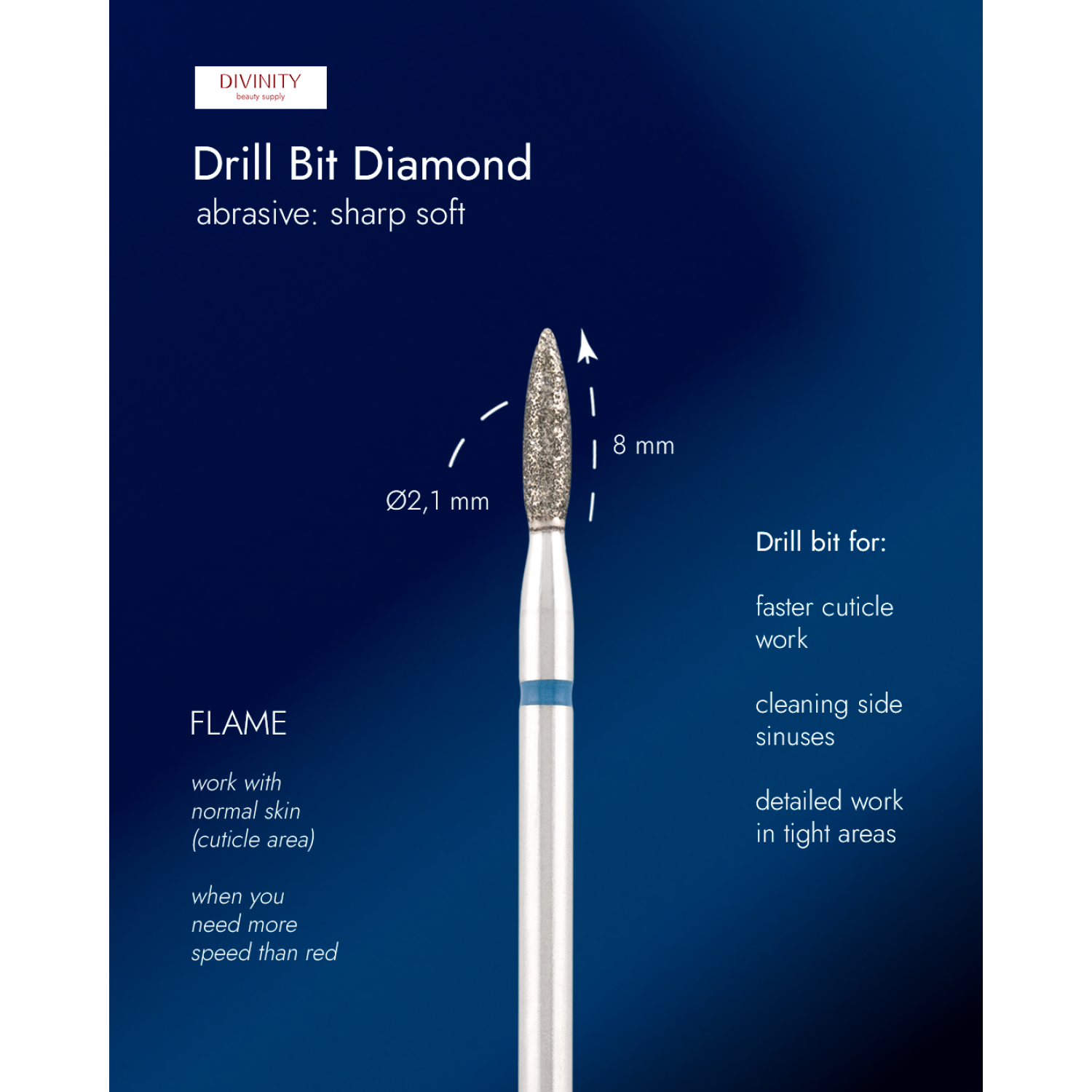 Diamond bit "flame" sharp blue, L- 8,0 mm., Ø2,1 mm.
