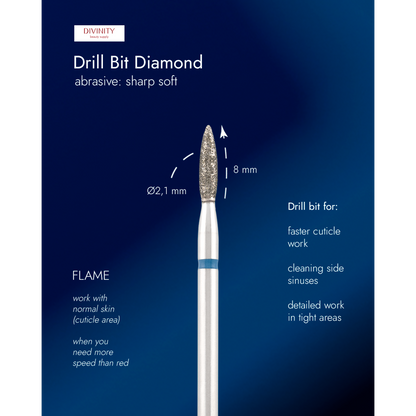 Diamond bit "flame" sharp blue, L- 8,0 mm., Ø2,1 mm.