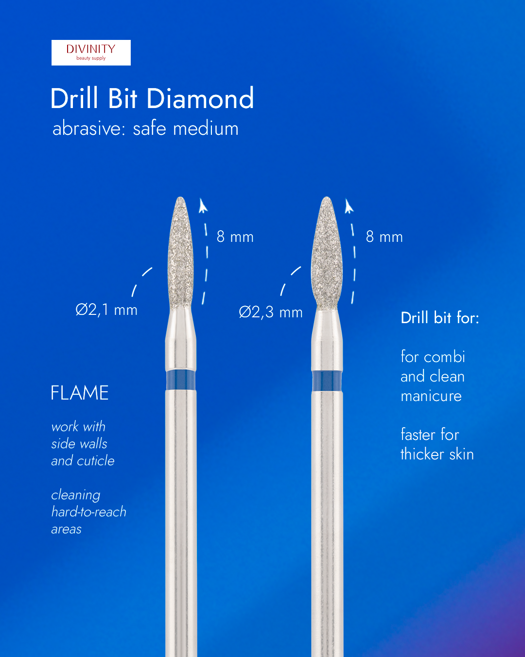Particolare di Diamond bit "flame" safe blue, L- 8,0 mm., Ø2,1 mm.