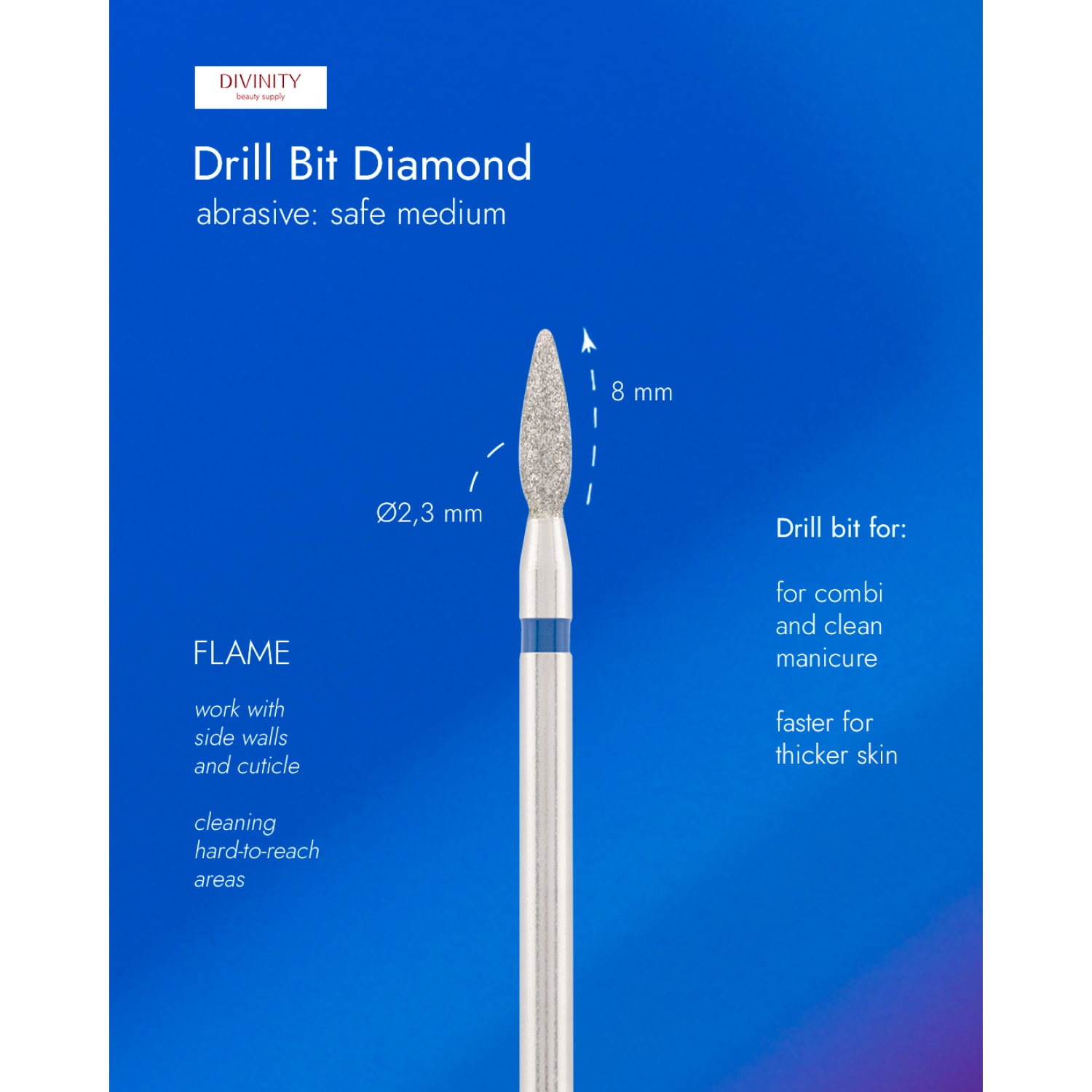 Diamond bit "flame" safe blue, L- 8,0 mm., Ø2,3 mm.