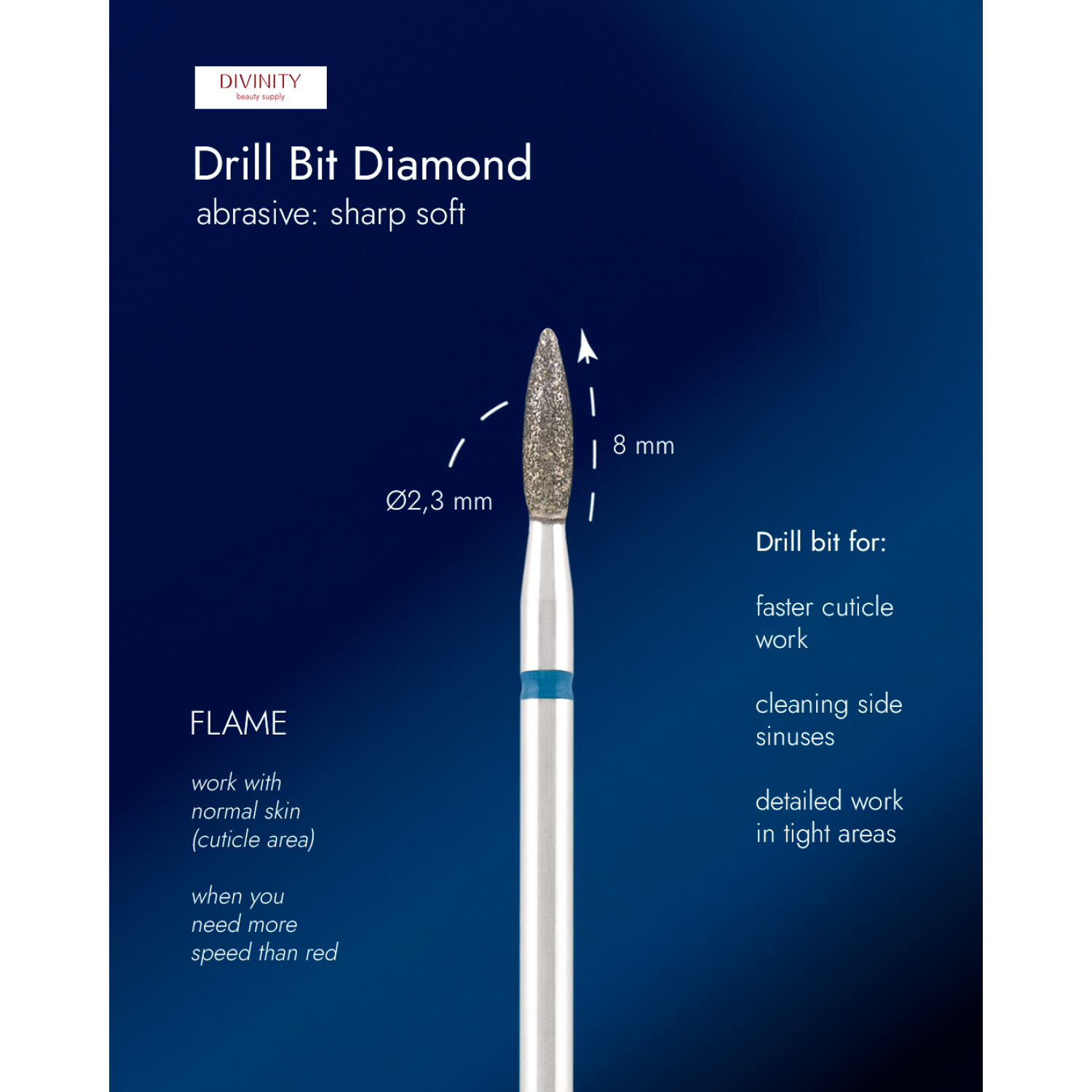 Diamond bit "flame" sharp blue, L- 8,0 mm., Ø2,3 mm.