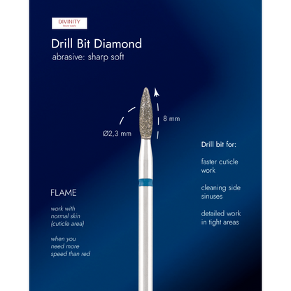 Diamond bit "flame" sharp blue, L- 8,0 mm., Ø2,3 mm.