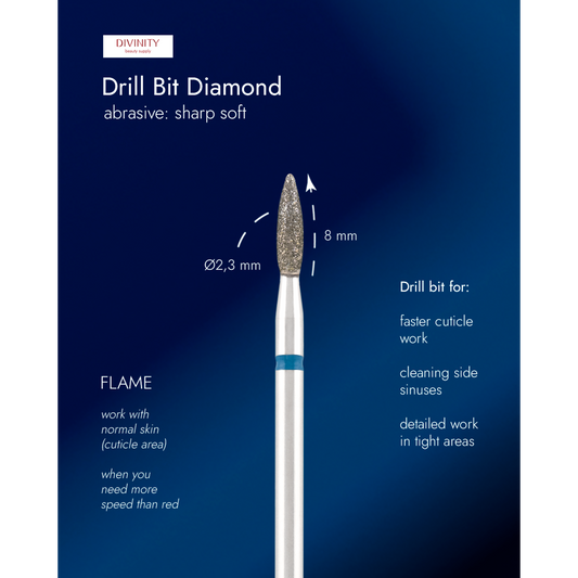 Diamond bit "flame" sharp blue, L- 8,0 mm., Ø2,3 mm.