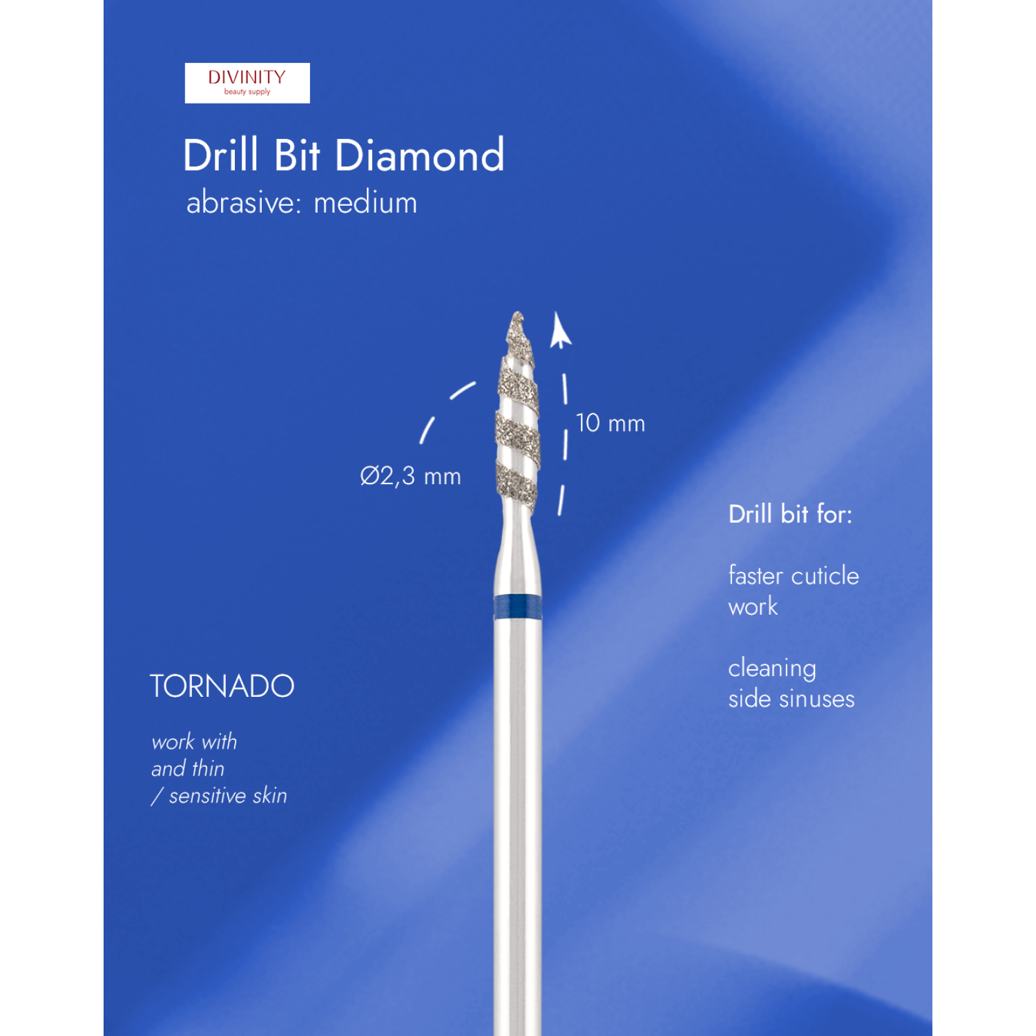 Diamond bit "tornado" blue, L- 10,0 mm., Ø2,3 mm.
