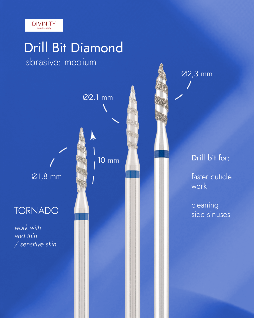 Particolare di Diamond bit "tornado" blue, L- 10,0 mm., Ø2,3 mm.