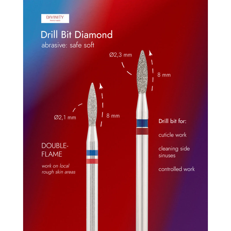 Particolare di Diamond bit "double-flame" blue-red, L- 8,0 mm., Ø2,1 mm.