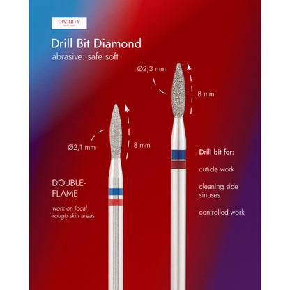 Particolare di Diamond bit "double-flame" blue-red, L- 8,0 mm., Ø2,1 mm.