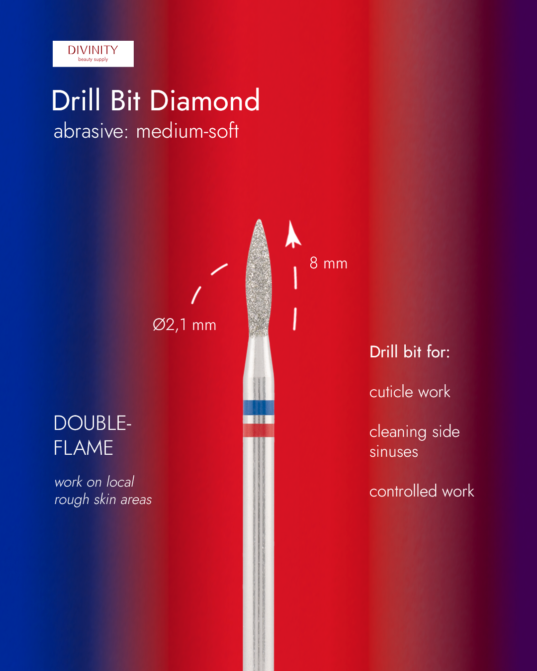 Diamond bit "double-flame" blue-red, L- 8,0 mm., Ø2,1 mm.