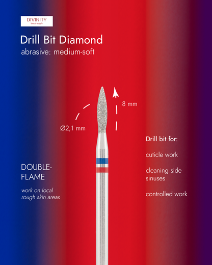 Diamond bit "double-flame" blue-red, L- 8,0 mm., Ø2,1 mm.