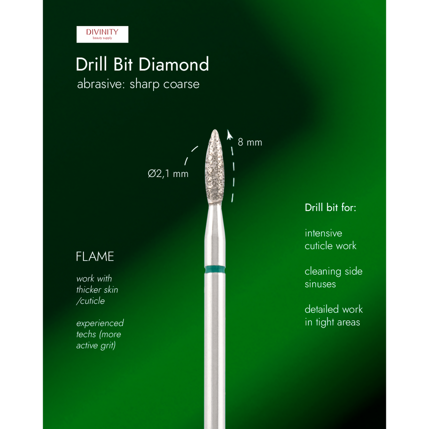 Particolare di Diamond bit "flame" sharp green, L- 8,0 mm., Ø2,1 mm.