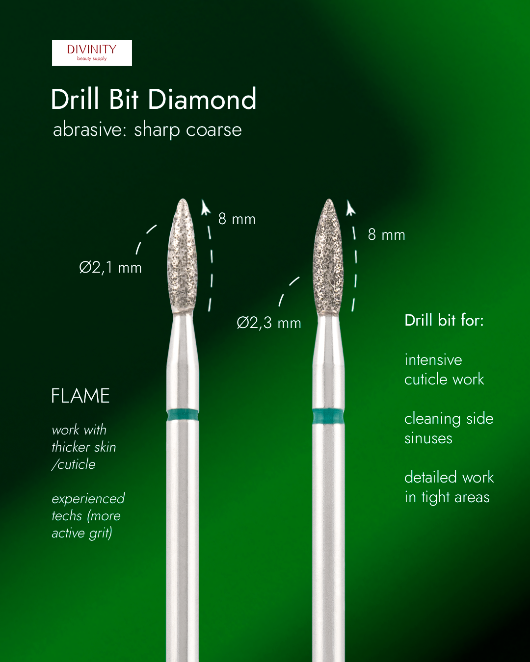 Diamond bit "flame" sharp green, L- 8,0 mm., Ø2,1 mm.