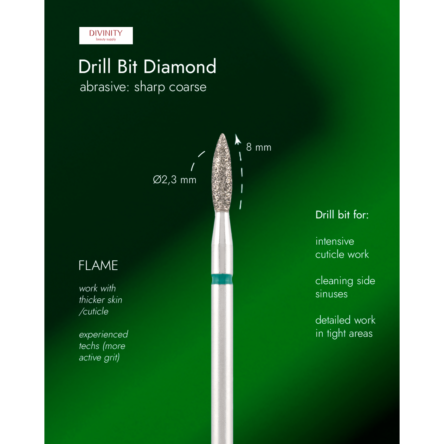 Particolare di Diamond bit "flame" sharp green, L- 10,0 mm., Ø2,3 mm.