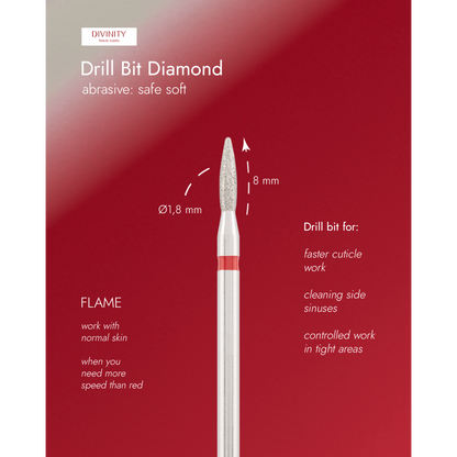Diamond bit "flame" safe red, L- 8,0 mm., Ø1,8 mm.