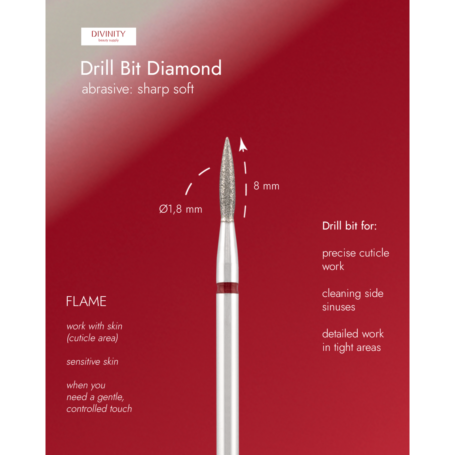 Diamond bit "flame" sharp red, L- 8,0 mm., Ø1,8 mm.