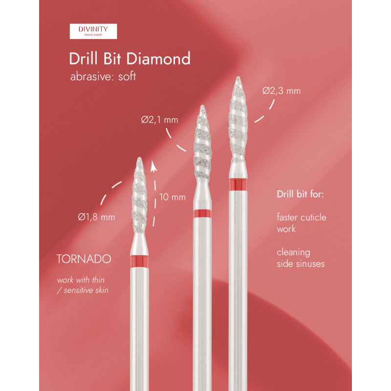 Particolare di Diamond bit "tornado" red, L- 10,0 mm., Ø2,1 mm.