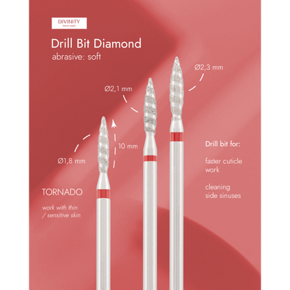 Particolare di Diamond bit "tornado" red, L- 10,0 mm., Ø2,1 mm.