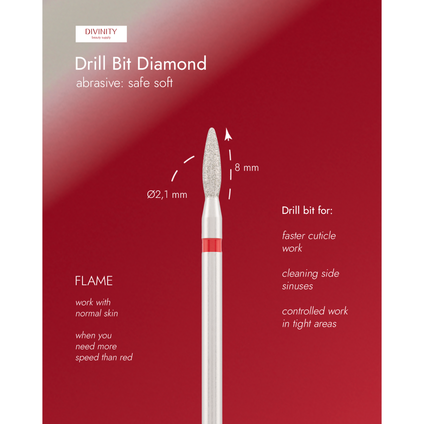 Diamond bit "flame" safe red, L- 8,0 mm., Ø2,1 mm.