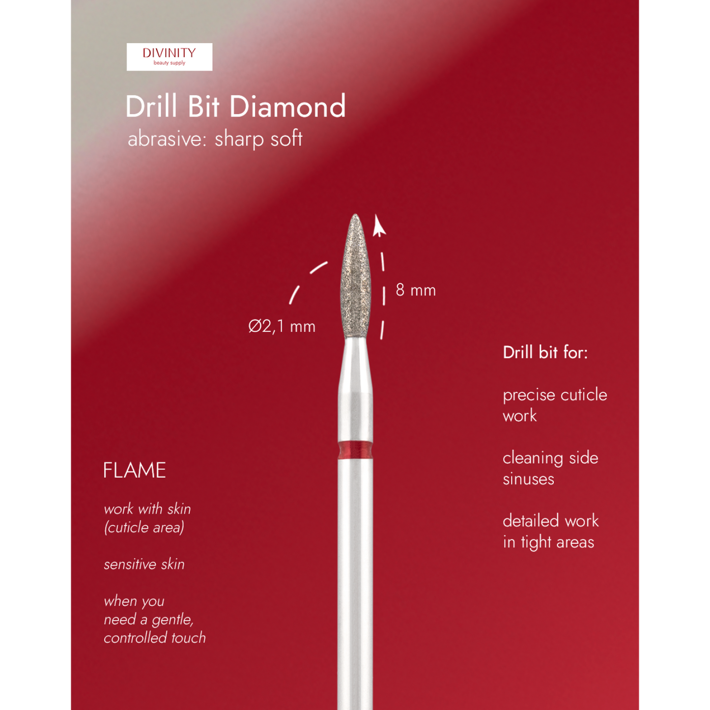 Diamond bit "flame" sharp red, L- 8,0 mm., Ø2,1 mm.