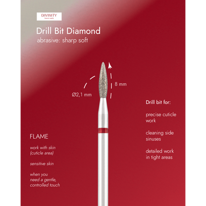 Diamond bit "flame" sharp red, L- 8,0 mm., Ø2,1 mm.
