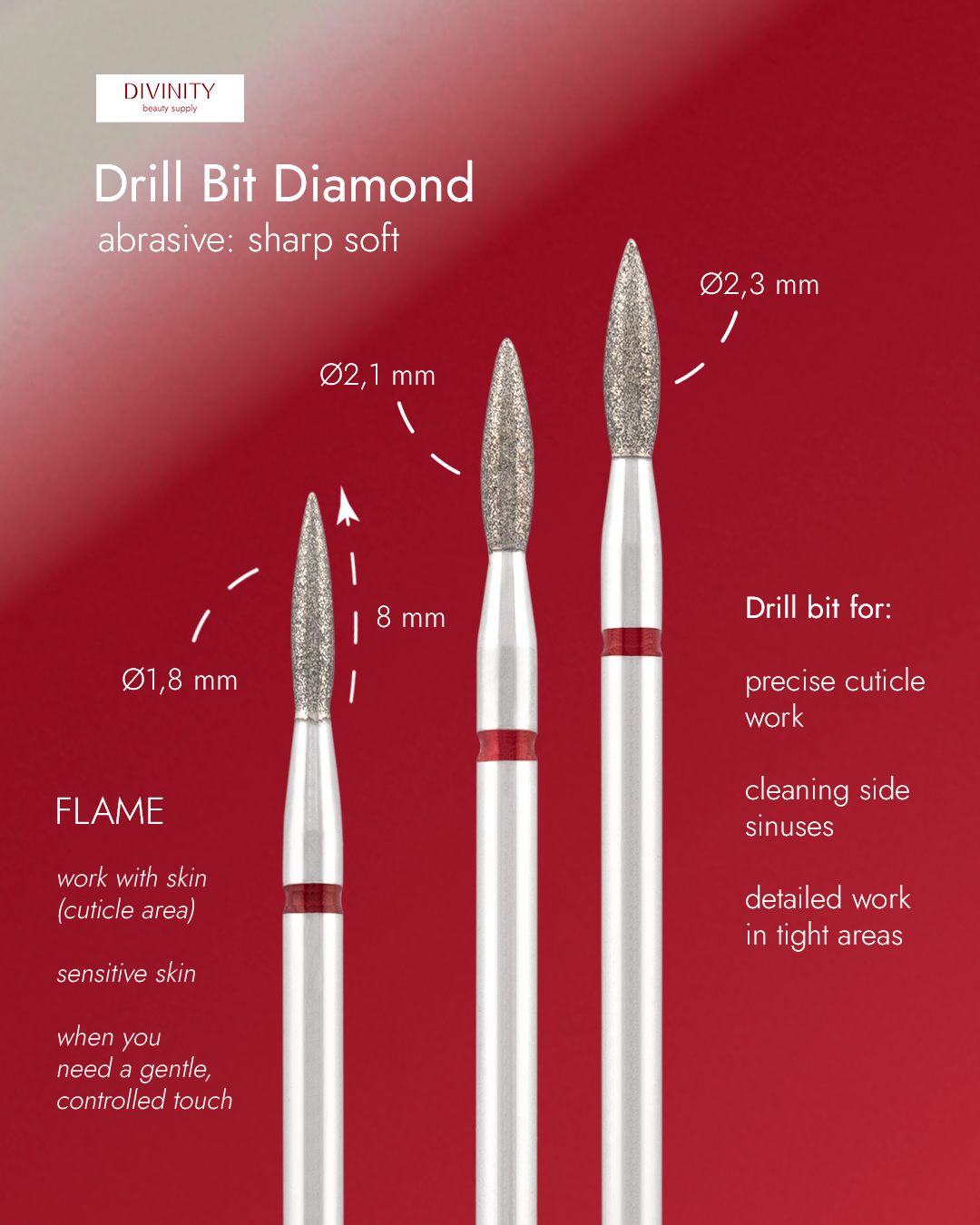 Particolare di Diamond bit "flame" sharp red, L- 8,0 mm., Ø2,1 mm.