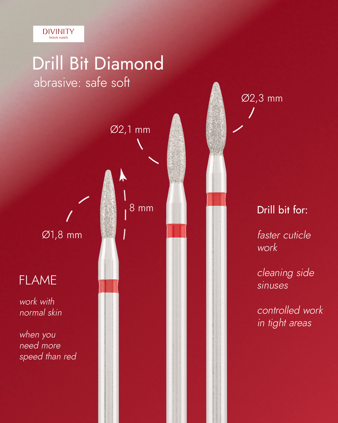 Particolare di Diamond bit "flame" safe red, L- 8,0 mm., Ø2,1 mm.
