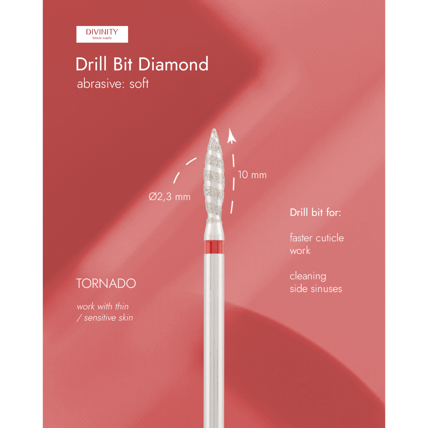 Diamond bit "tornado" red, L- 10,0 mm., Ø2,3 mm.