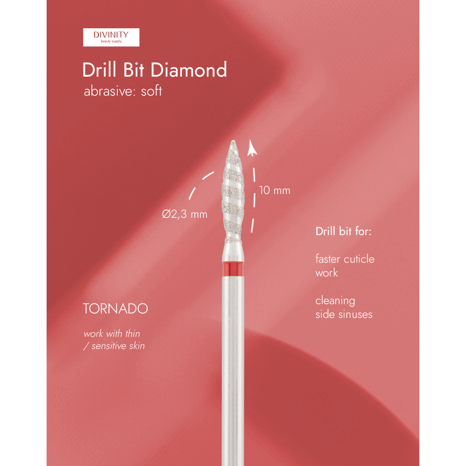 Diamond bit "tornado" red, L- 10,0 mm., Ø2,3 mm.